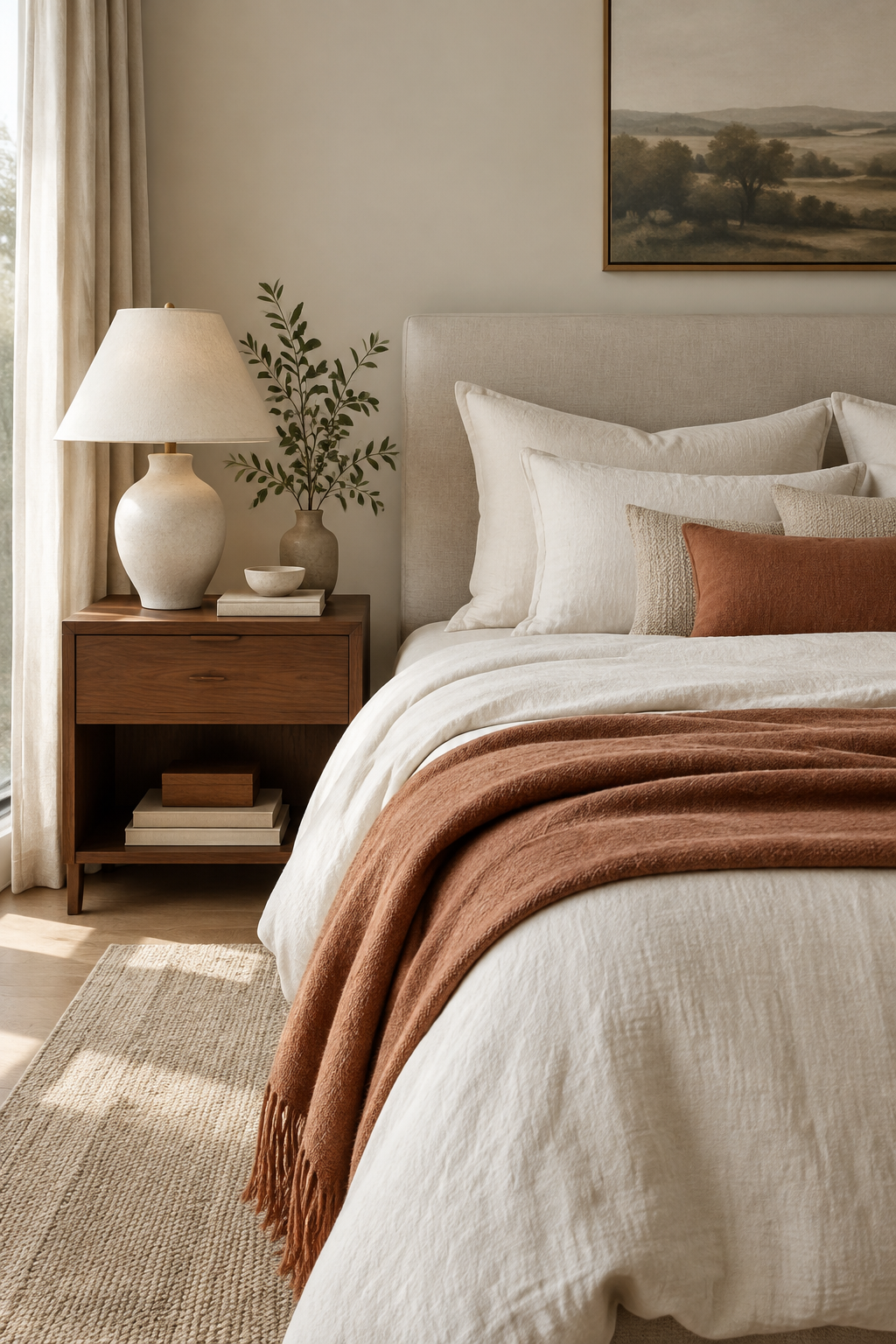 Serene bedroom with layered linens