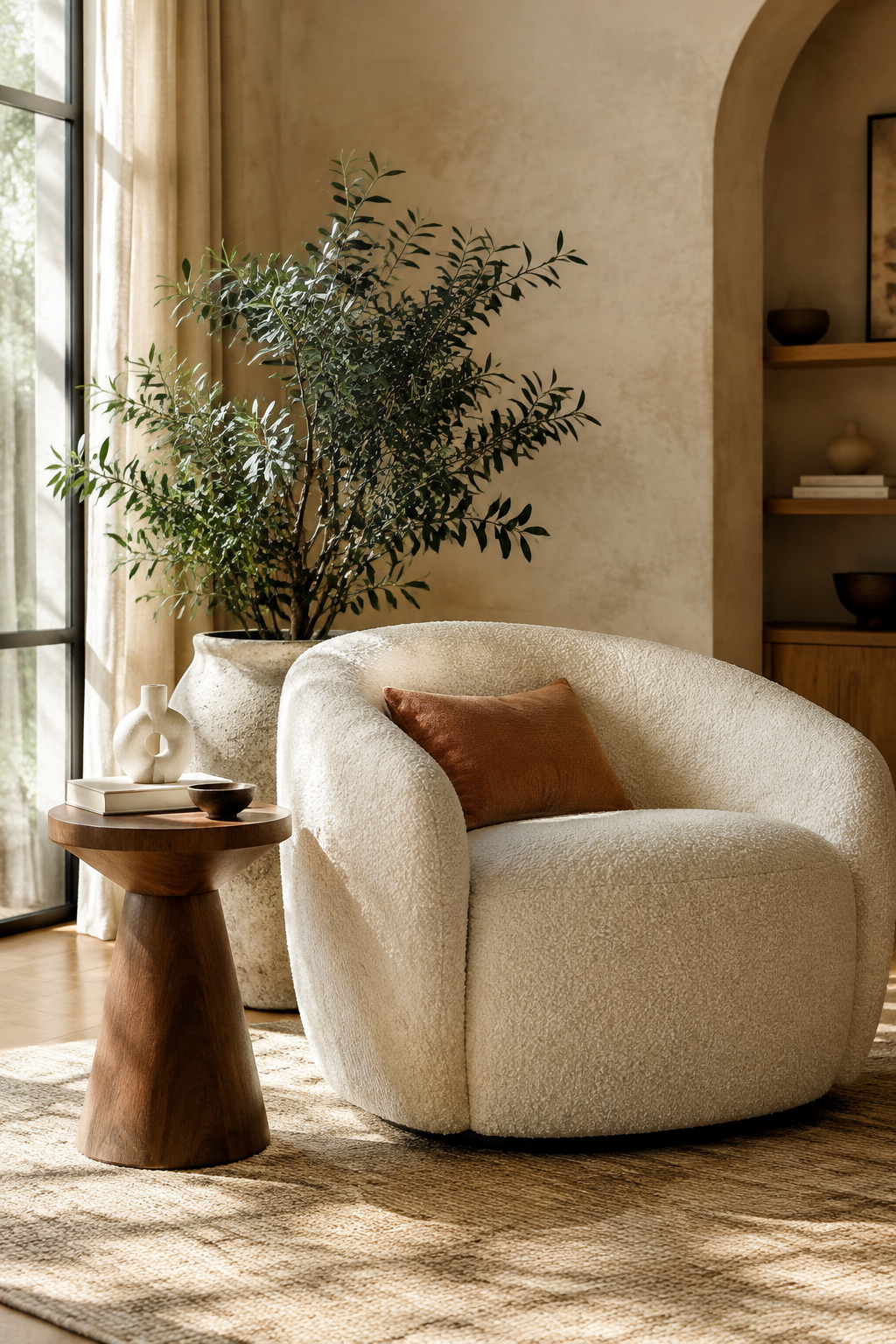 Warm reading corner with sculptural decor